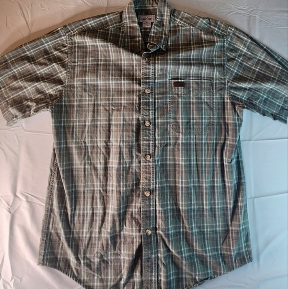 CARHARTT Workwear Mens Short-Sleeve Button-Up Shirt‎ Plaid Medium Green B188.